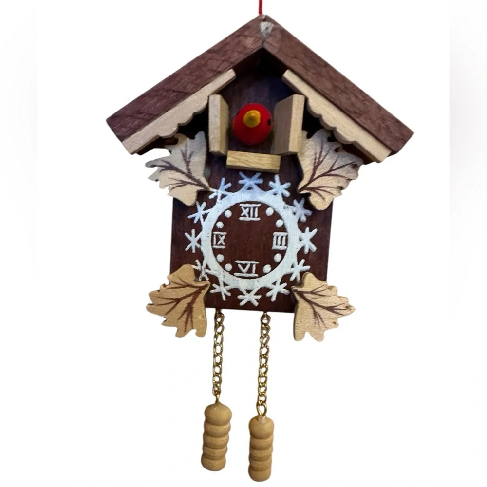 Vtg Cuckoo Coo Clock Christmas Tree Ornament 4” Wood Red Bird Gold German Style